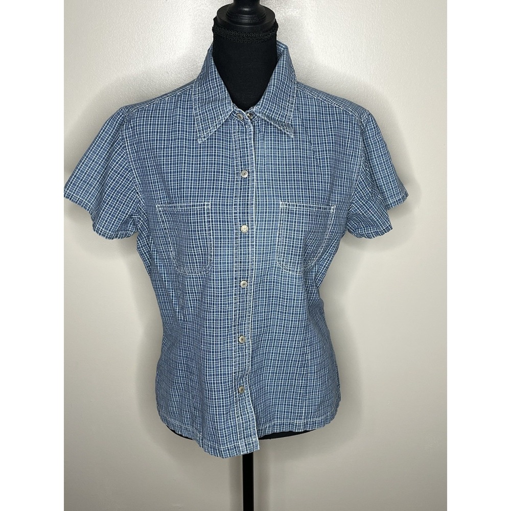 Gap Women's Blue Pearl Snap Short Sleeve Shirt Size Large